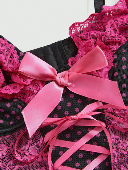 ROMWE Kawaii Camiseta sexy de encaje de varios niveles con parches florales de encaje romántico para el Día de San Valentín