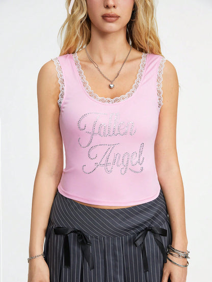 ROMWE Kawaii Camiseta sin mangas de estilo casual y dulce del estilo universitario Y2K con decoración de pedrería para mujeres