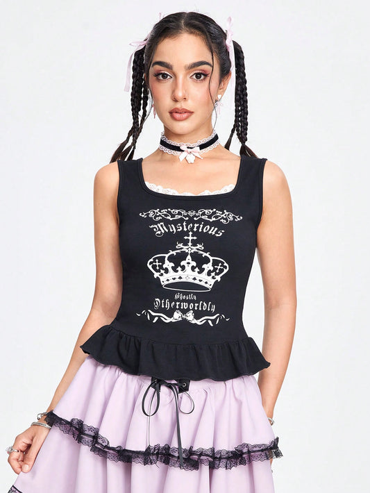 ROMWE Kawaii Camiseta sin mangas de verano para mujer con impresión de corona y letras, cordón y lazo para atar en la espalda