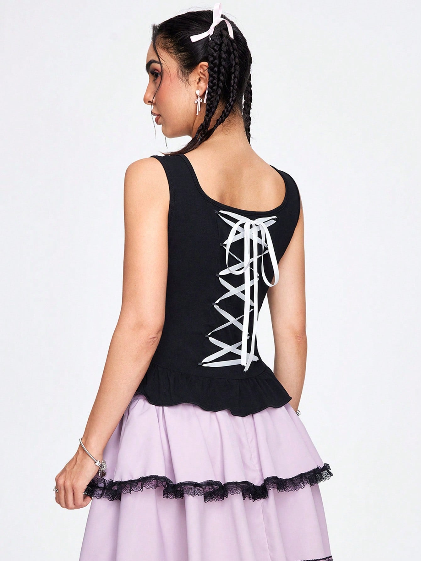 ROMWE Kawaii Camiseta sin mangas de verano para mujer con impresión de corona y letras, cordón y lazo para atar en la espalda
