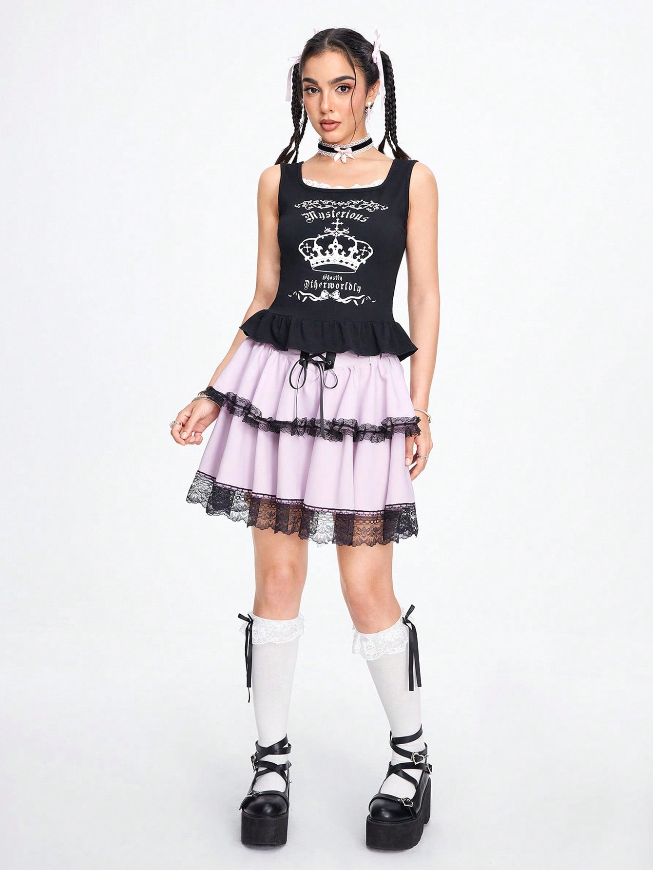 ROMWE Kawaii Camiseta sin mangas de verano para mujer con impresión de corona y letras, cordón y lazo para atar en la espalda