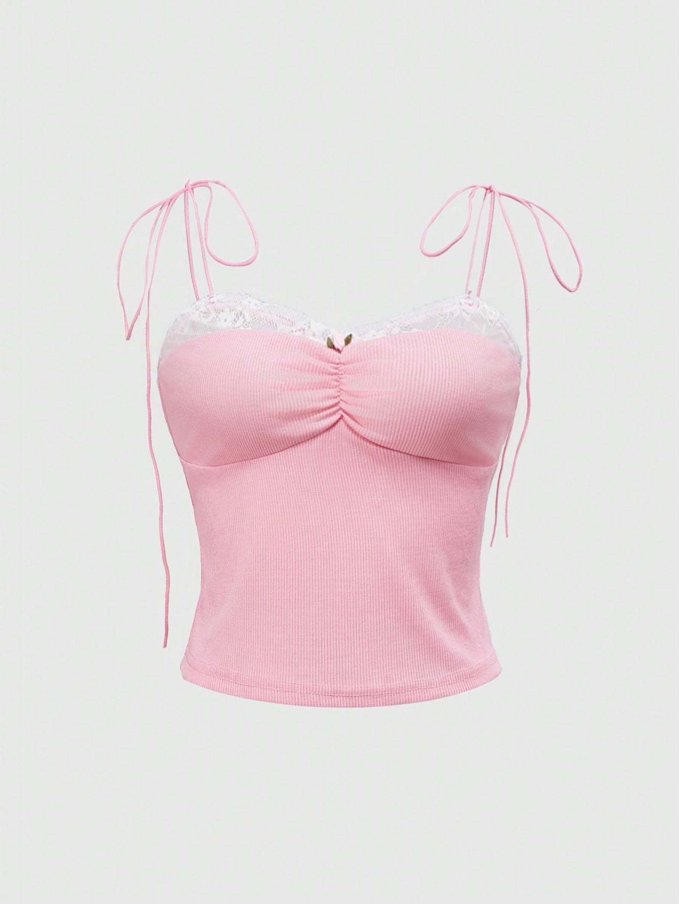 ROMWE Kawaii Camiseta sin tirantes rosa con encaje sexy y contraste