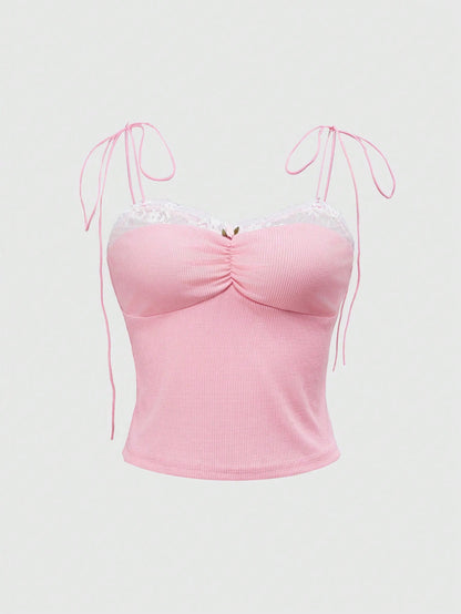 ROMWE Kawaii Camiseta sin tirantes rosa con encaje sexy y contraste