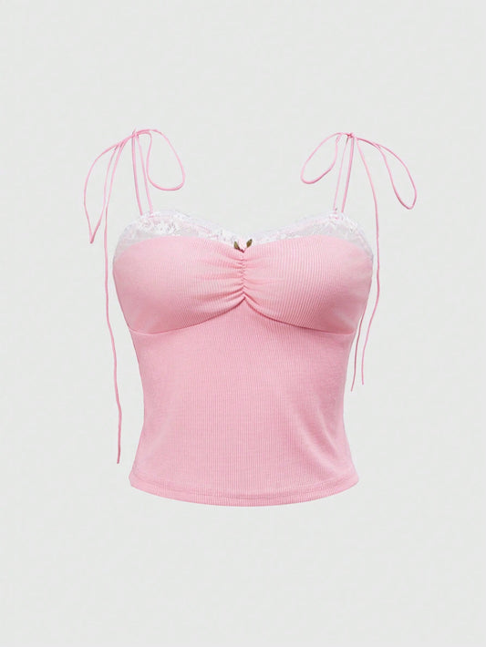ROMWE Kawaii Camiseta sin tirantes rosa con encaje sexy y contraste