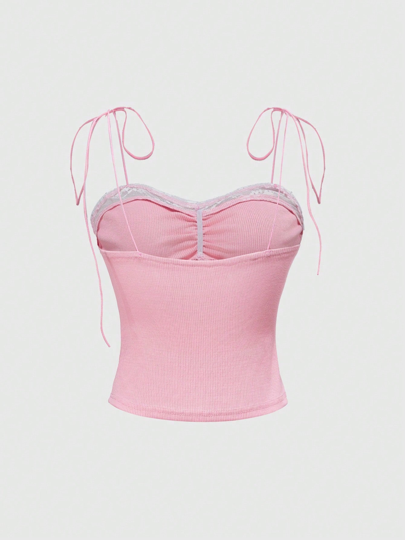 ROMWE Kawaii Camiseta sin tirantes rosa con encaje sexy y contraste
