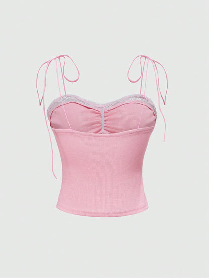 ROMWE Kawaii Camiseta sin tirantes rosa con encaje sexy y contraste