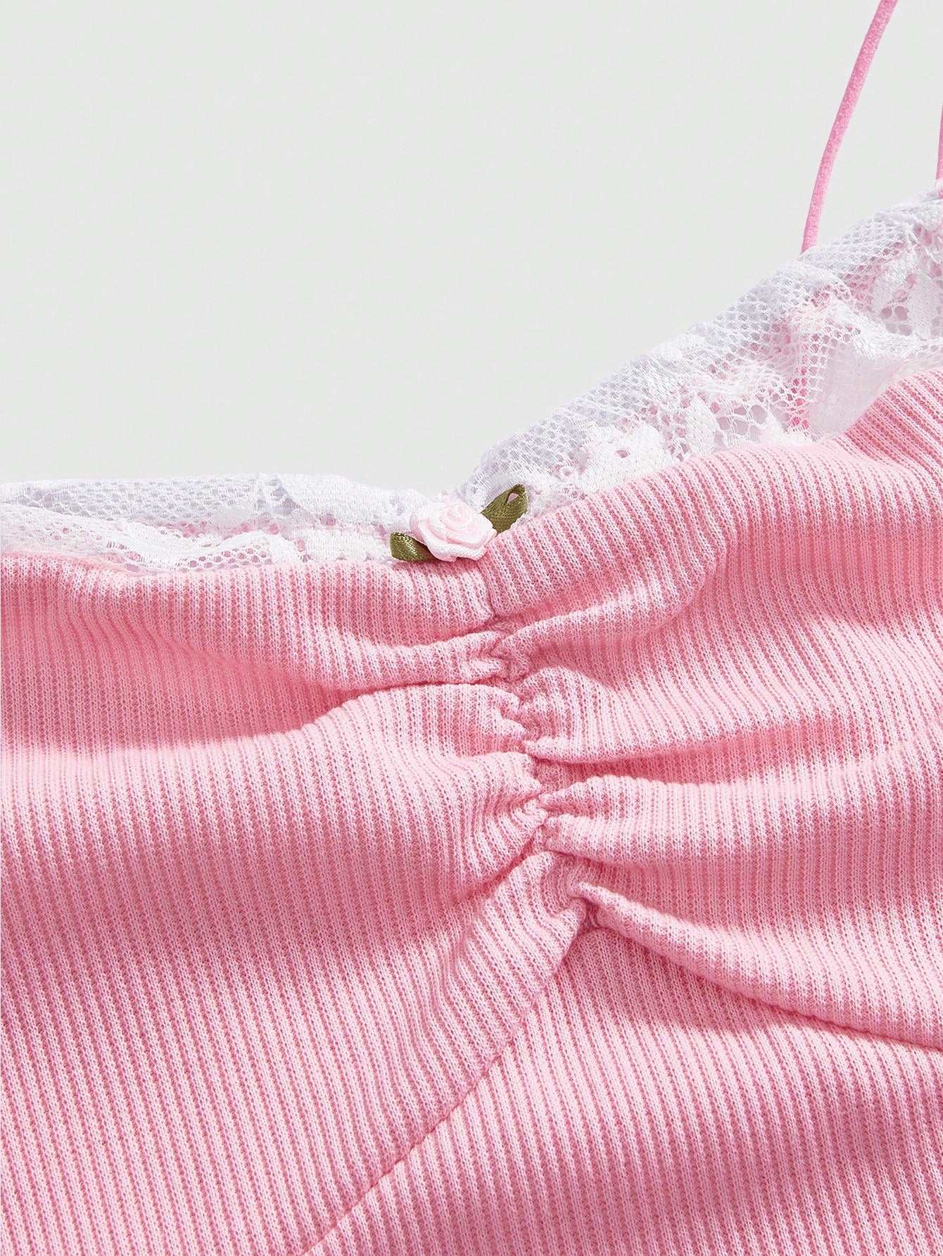 ROMWE Kawaii Camiseta sin tirantes rosa con encaje sexy y contraste