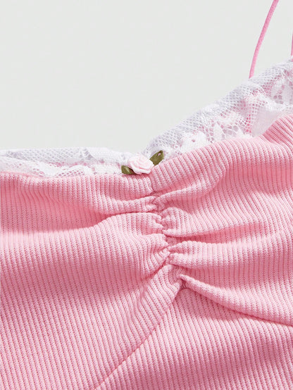 ROMWE Kawaii Camiseta sin tirantes rosa con encaje sexy y contraste