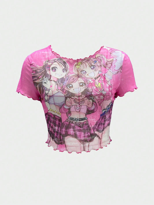 ROMWE Kawaii Camiseta transparente de ajuste ceñido con estampado de personajes de dibujos animados para mujer, estilo Y2K