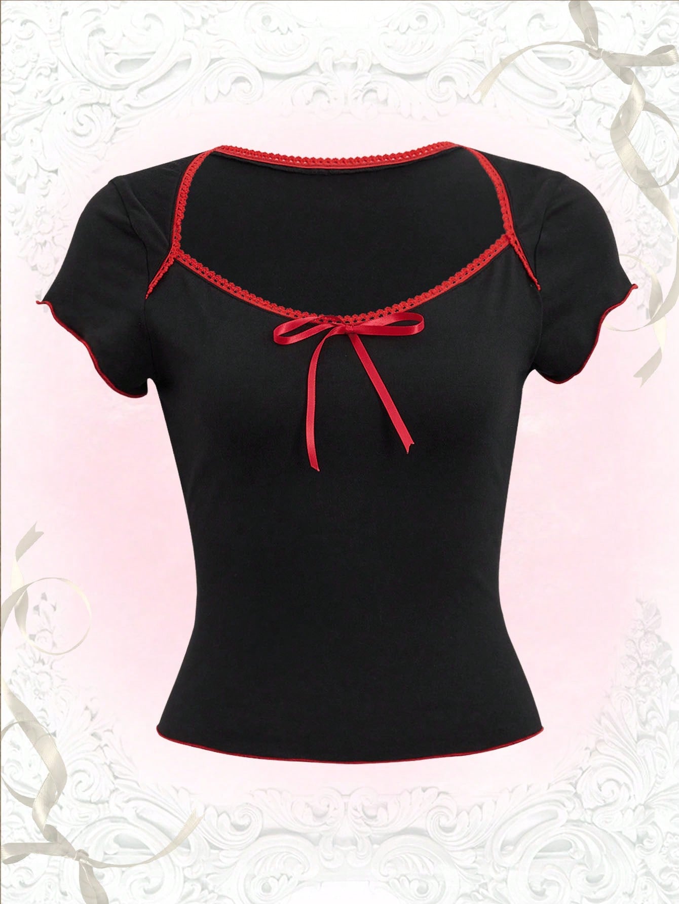 ROMWE Kawaii Camiseta unido en contraste ribete en forma de lechuga