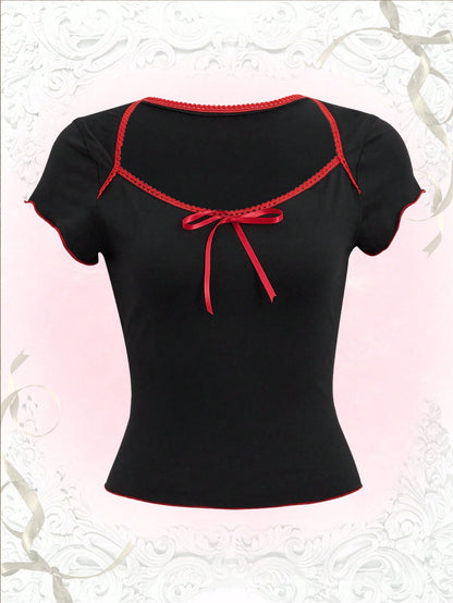 ROMWE Kawaii Camiseta unido en contraste ribete en forma de lechuga