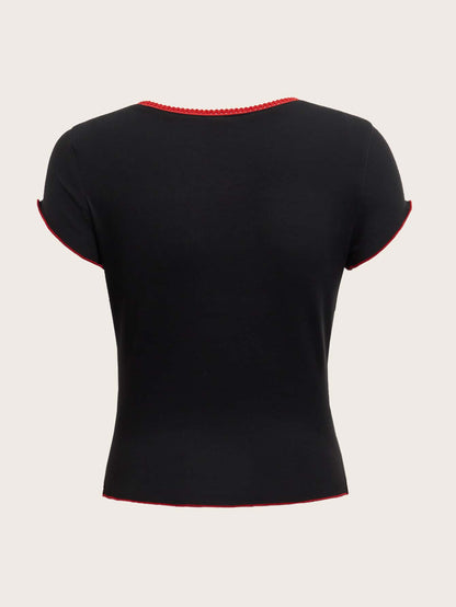 ROMWE Kawaii Camiseta unido en contraste ribete en forma de lechuga
