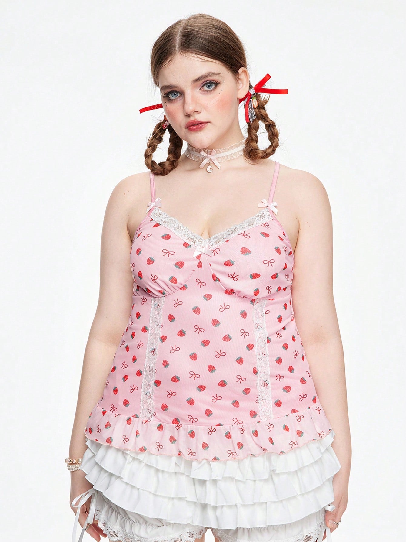 ROMWE Kawaii Camisola Con Empalme De Encaje Con Estampado De Fresas De Talla Grande