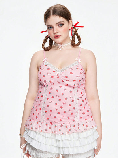 ROMWE Kawaii Camisola Con Empalme De Encaje Con Estampado De Fresas De Talla Grande