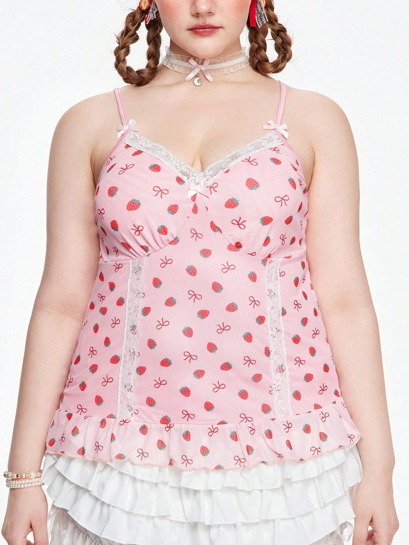 ROMWE Kawaii Camisola Con Empalme De Encaje Con Estampado De Fresas De Talla Grande