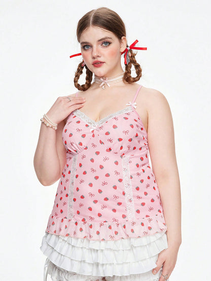 ROMWE Kawaii Camisola Con Empalme De Encaje Con Estampado De Fresas De Talla Grande