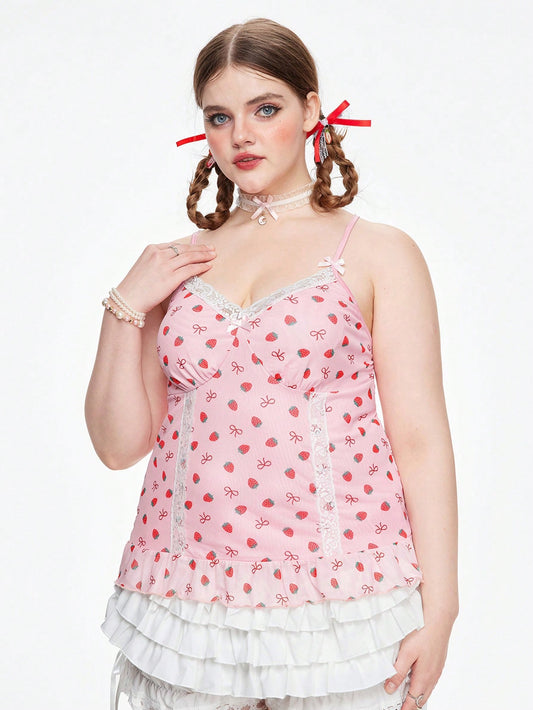 ROMWE Kawaii Camisola Con Empalme De Encaje Con Estampado De Fresas De Talla Grande