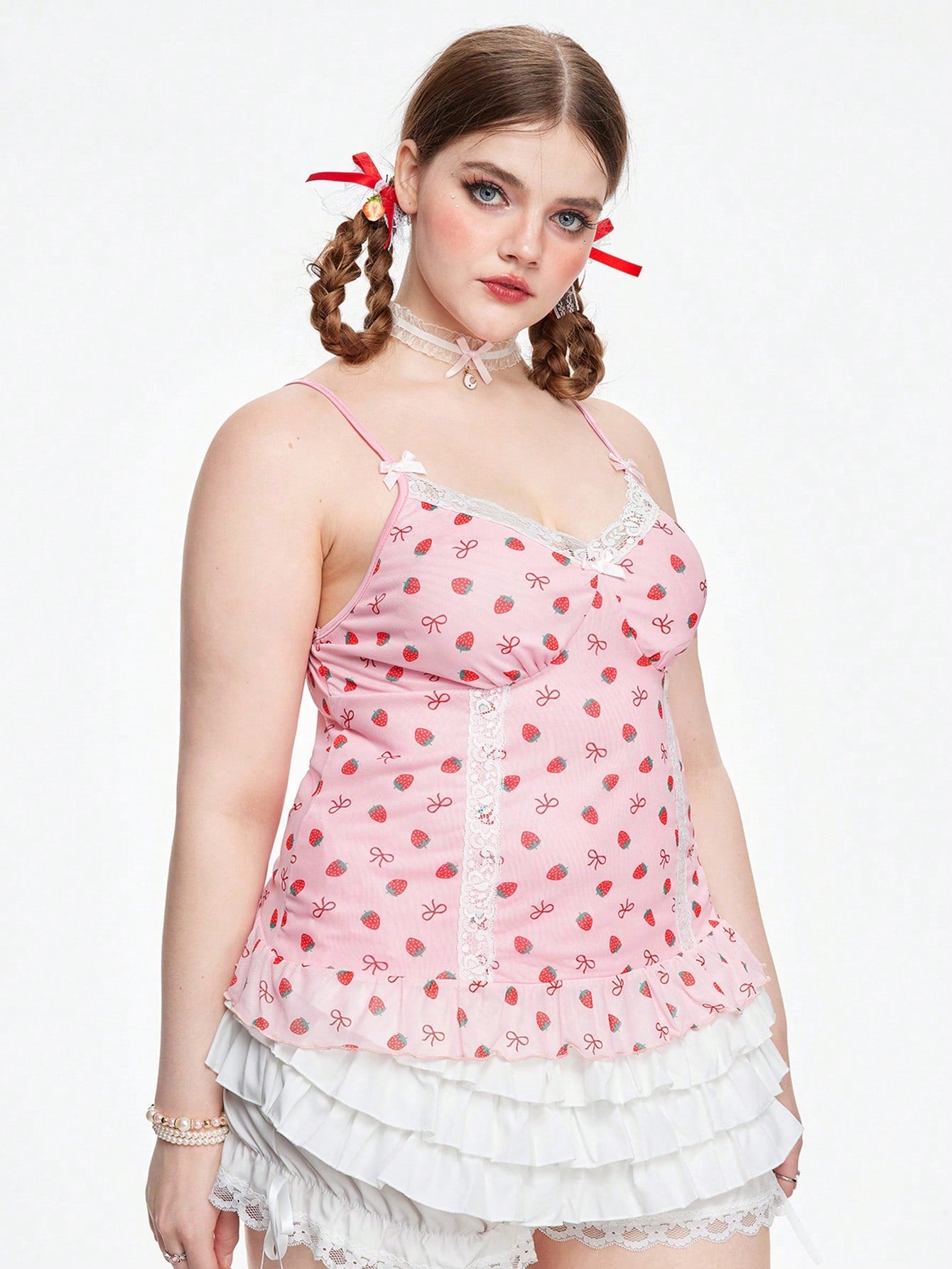 ROMWE Kawaii Camisola Con Empalme De Encaje Con Estampado De Fresas De Talla Grande