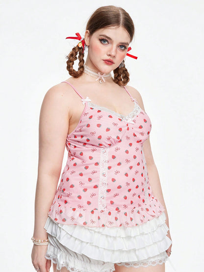 ROMWE Kawaii Camisola Con Empalme De Encaje Con Estampado De Fresas De Talla Grande