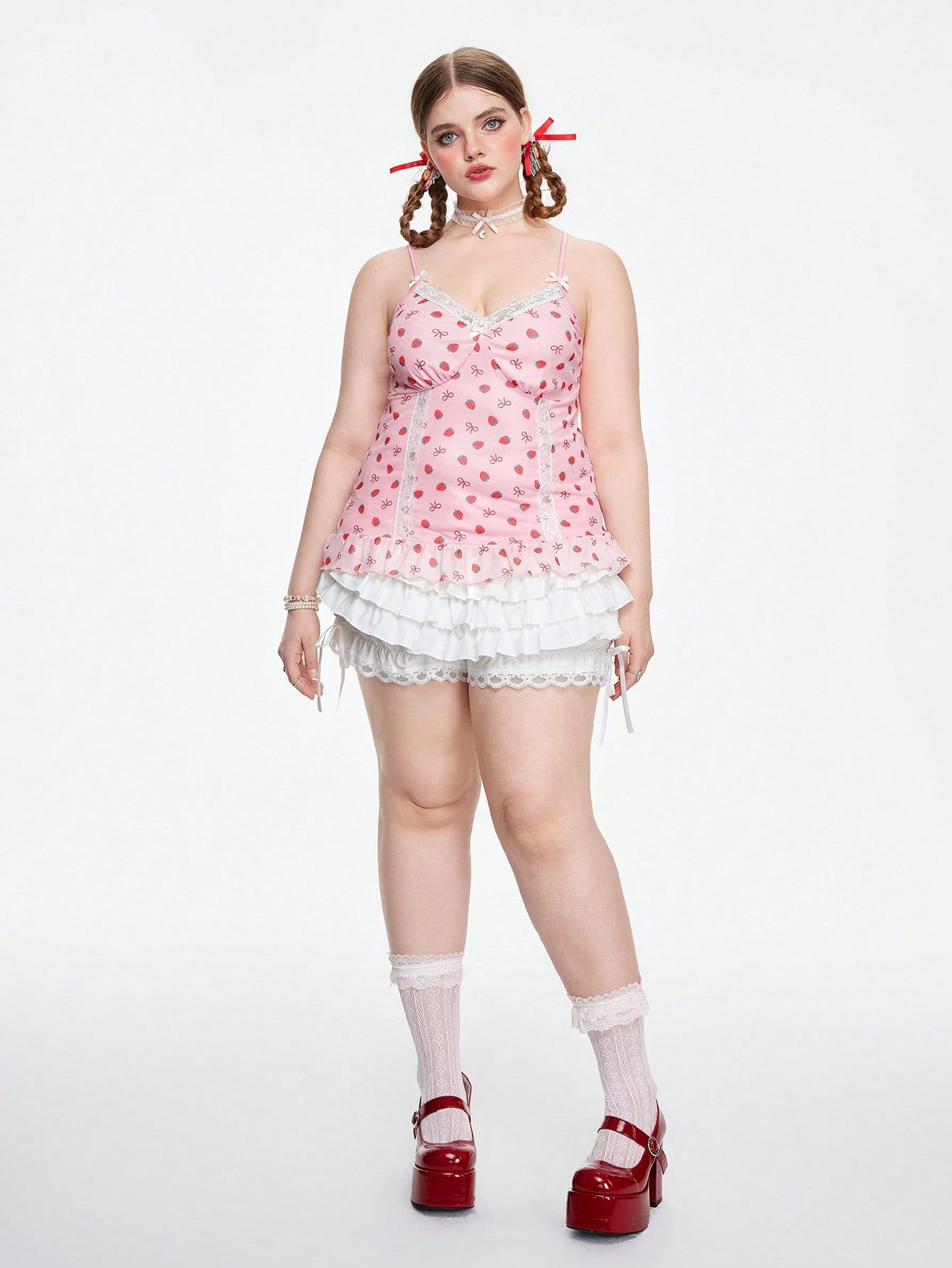 ROMWE Kawaii Camisola Con Empalme De Encaje Con Estampado De Fresas De Talla Grande