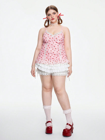 ROMWE Kawaii Camisola Con Empalme De Encaje Con Estampado De Fresas De Talla Grande