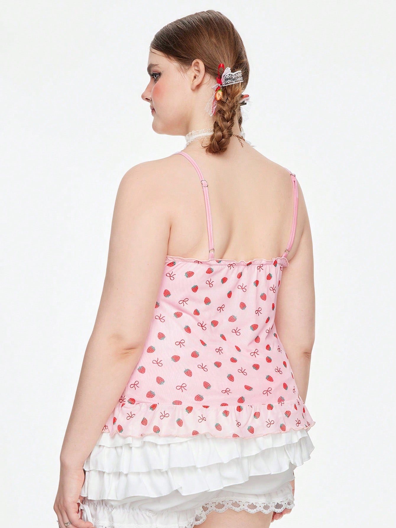 ROMWE Kawaii Camisola Con Empalme De Encaje Con Estampado De Fresas De Talla Grande
