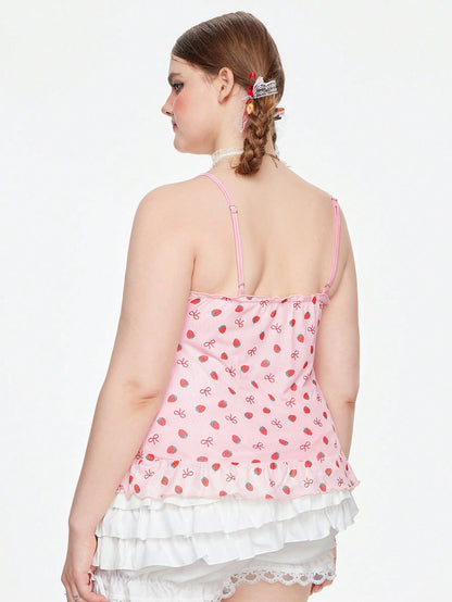ROMWE Kawaii Camisola Con Empalme De Encaje Con Estampado De Fresas De Talla Grande