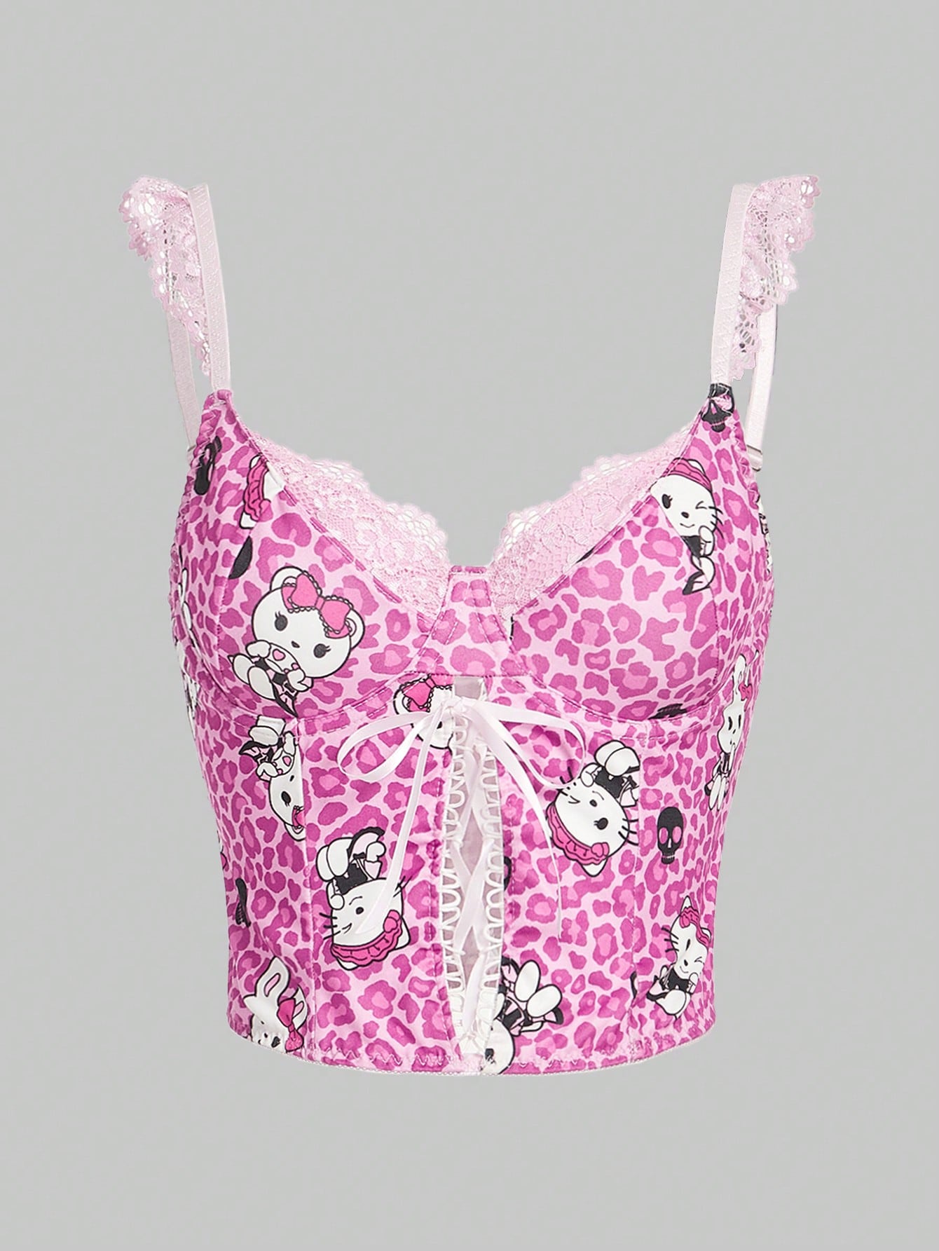 ROMWE Kawaii Camisola Superior Antigua Dulce Con Parches De Encaje De Estampado De Leopardo Y De Dibujos Animados