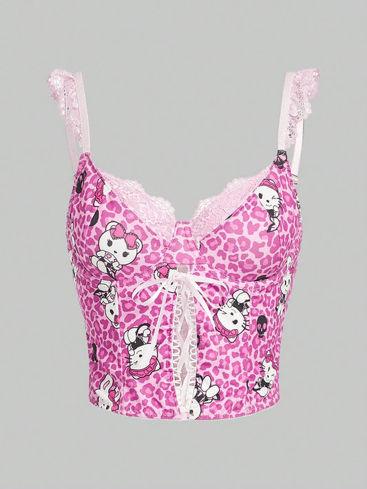 ROMWE Kawaii Camisola Superior Antigua Dulce Con Parches De Encaje De Estampado De Leopardo Y De Dibujos Animados