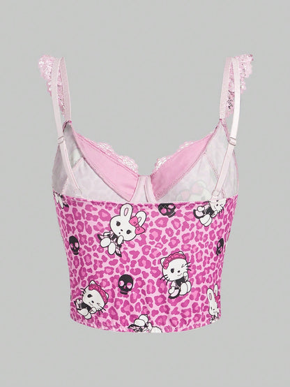 ROMWE Kawaii Camisola Superior Antigua Dulce Con Parches De Encaje De Estampado De Leopardo Y De Dibujos Animados