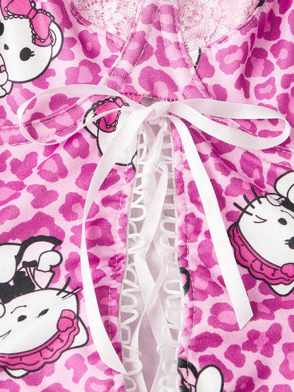 ROMWE Kawaii Camisola Superior Antigua Dulce Con Parches De Encaje De Estampado De Leopardo Y De Dibujos Animados