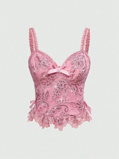 ROMWE Kawaii Camisola con borde de encaje con detalles de cuentas, estilo vintage de hada de jardín para festival de música, para mujer