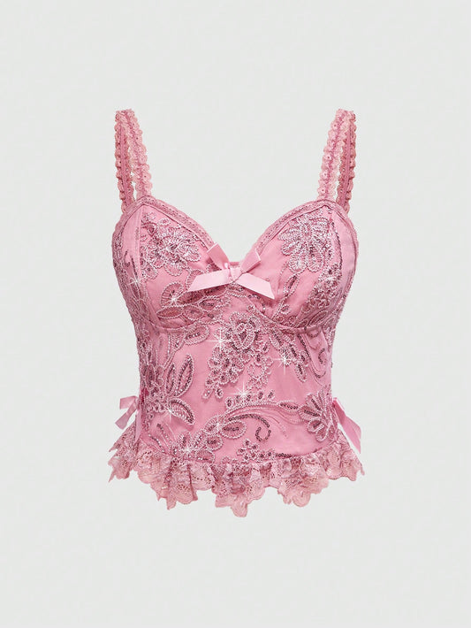 ROMWE Kawaii Camisola con borde de encaje con detalles de cuentas, estilo vintage de hada de jardín para festival de música, para mujer