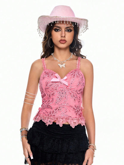 ROMWE Kawaii Camisola con borde de encaje con detalles de cuentas, estilo vintage de hada de jardín para festival de música, para mujer