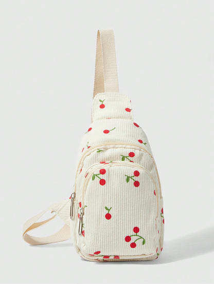 ROMWE Kawaii Cangurera Blanca de Mujer con Diseño de Fresas, Múltiples Bolsillos con Cremallera, Material de Lona, Tamaño Pequeño, Bolso de Viaje Lindo y Rosa