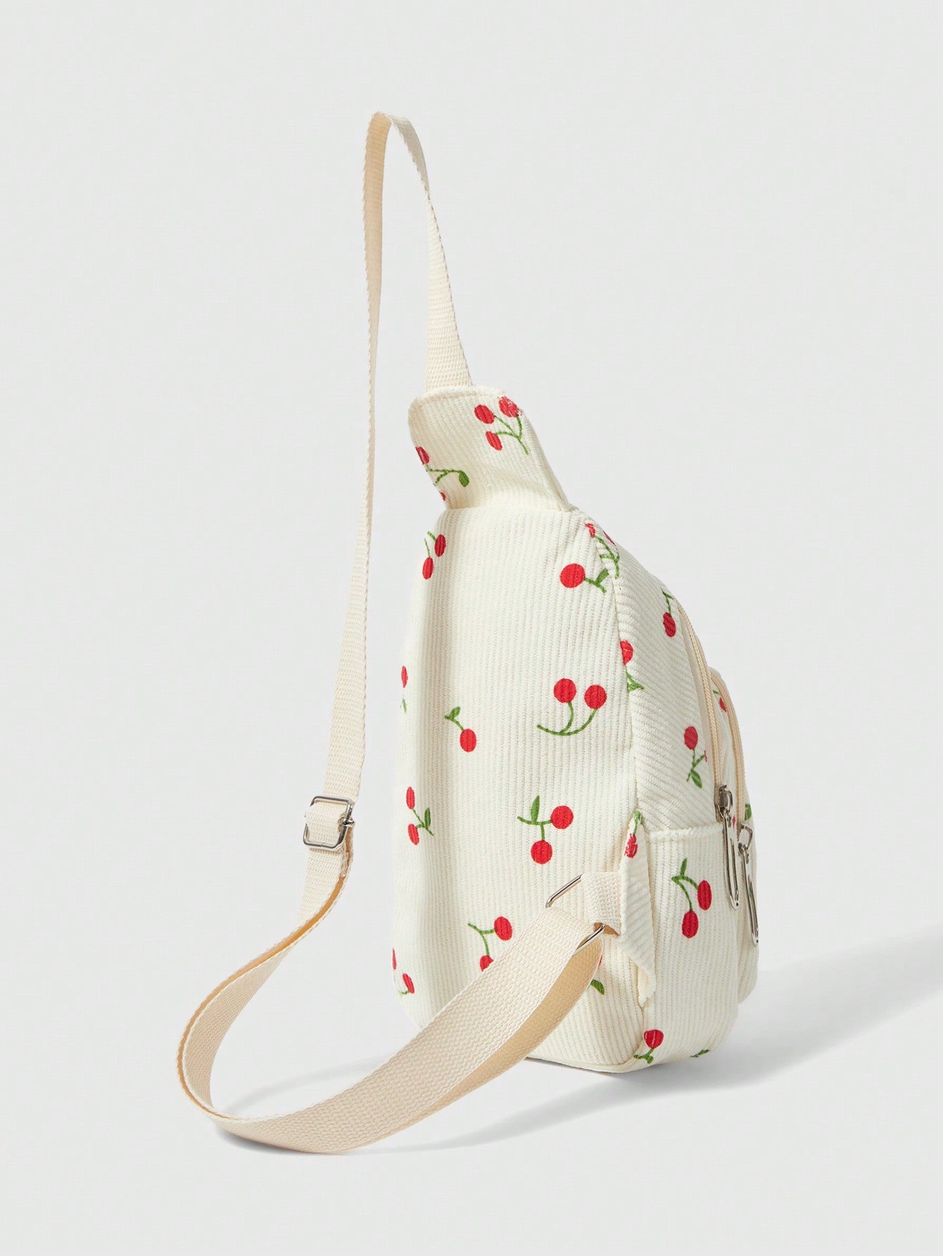 ROMWE Kawaii Cangurera Blanca de Mujer con Diseño de Fresas, Múltiples Bolsillos con Cremallera, Material de Lona, Tamaño Pequeño, Bolso de Viaje Lindo y Rosa