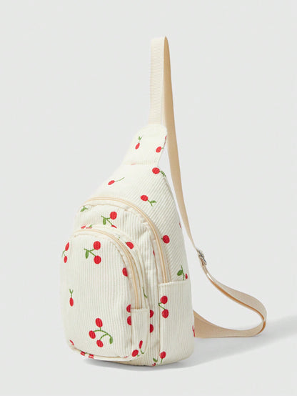 ROMWE Kawaii Cangurera Blanca de Mujer con Diseño de Fresas, Múltiples Bolsillos con Cremallera, Material de Lona, Tamaño Pequeño, Bolso de Viaje Lindo y Rosa