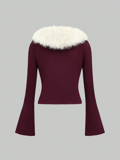 ROMWE Kawaii Chaqueta corta de punto con cuello con parches estilo lindo y navideño para mujer