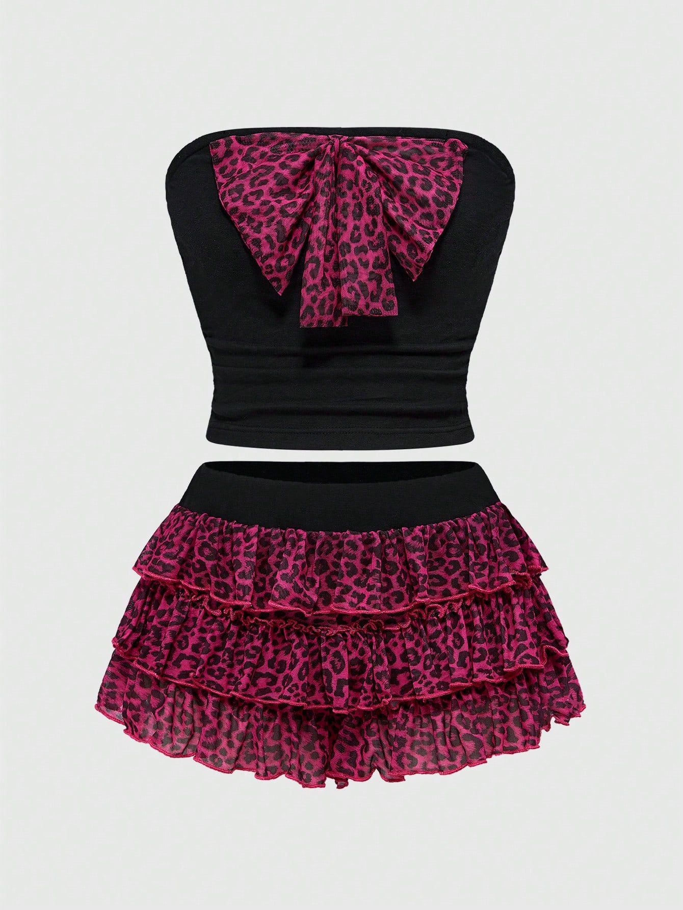 ROMWE Kawaii Conjunto de 2 piezas de mujer con estampado de leopardo sexy Shibuya 3D y lazo de punto