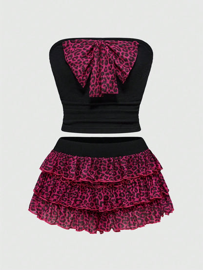 ROMWE Kawaii Conjunto de 2 piezas de mujer con estampado de leopardo sexy Shibuya 3D y lazo de punto