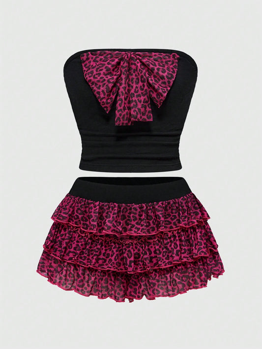 ROMWE Kawaii Conjunto de 2 piezas de mujer con estampado de leopardo sexy Shibuya 3D y lazo de punto