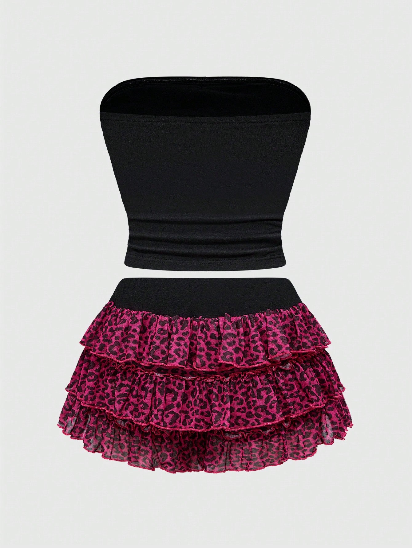 ROMWE Kawaii Conjunto de 2 piezas de mujer con estampado de leopardo sexy Shibuya 3D y lazo de punto