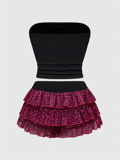 ROMWE Kawaii Conjunto de 2 piezas de mujer con estampado de leopardo sexy Shibuya 3D y lazo de punto