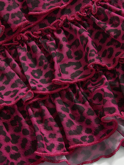 ROMWE Kawaii Conjunto de 2 piezas de mujer con estampado de leopardo sexy Shibuya 3D y lazo de punto