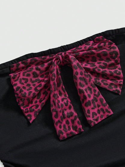 ROMWE Kawaii Conjunto de 2 piezas de mujer con estampado de leopardo sexy Shibuya 3D y lazo de punto