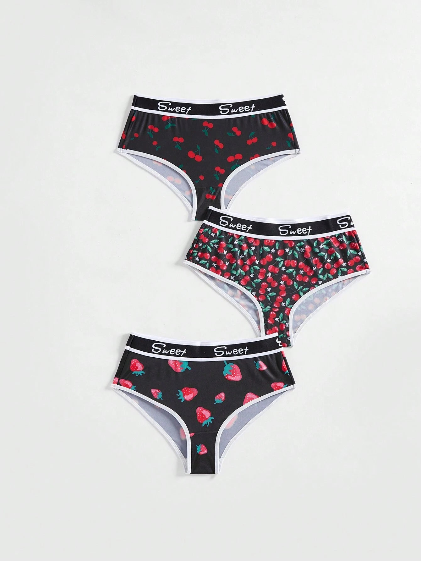 ROMWE Kawaii Conjunto de 3 piezas Tanga con estampado todo sobre de letras dulces con adornos con estampado de fresa y cereza