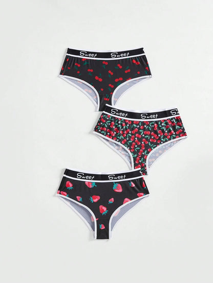 ROMWE Kawaii Conjunto de 3 piezas Tanga con estampado todo sobre de letras dulces con adornos con estampado de fresa y cereza