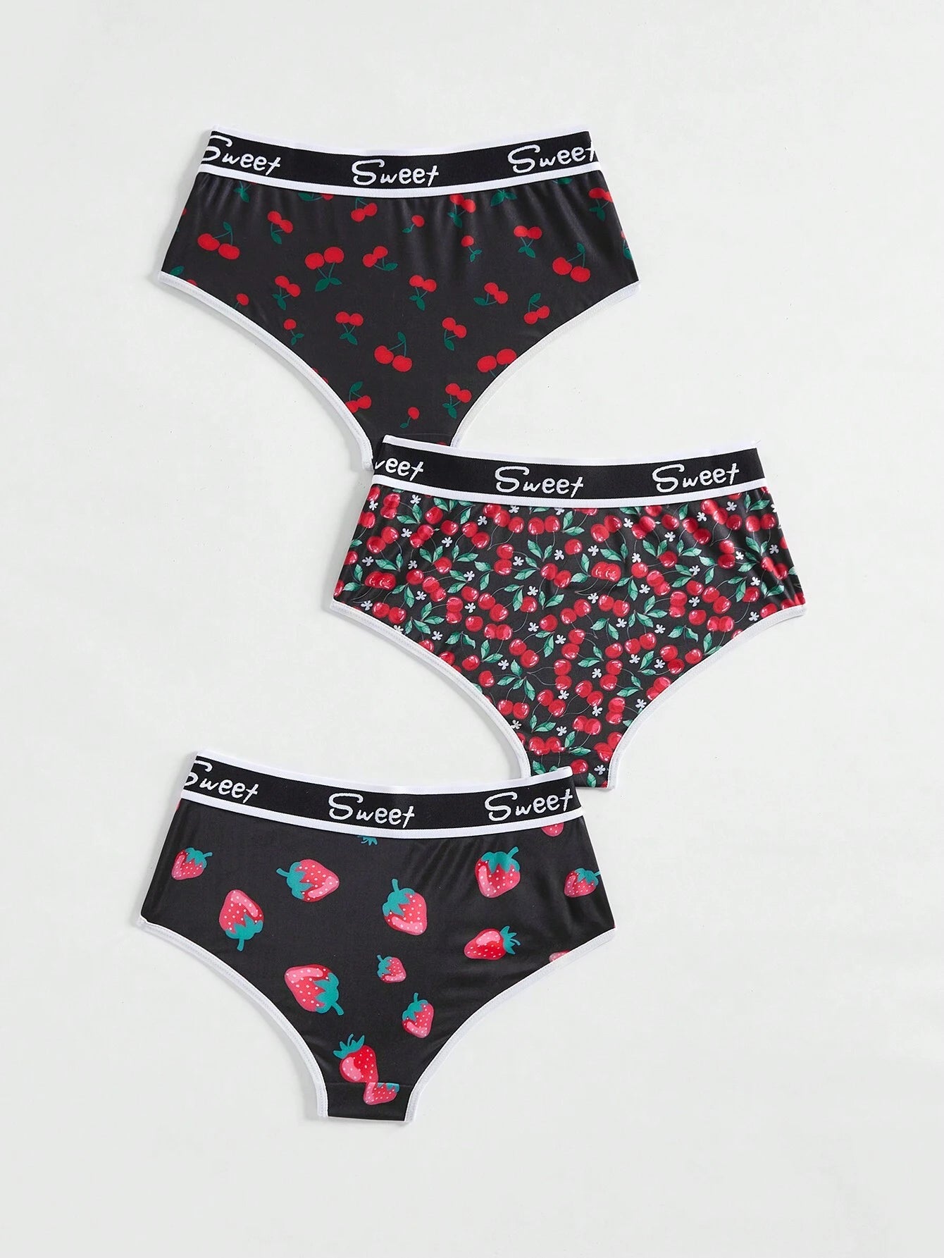 ROMWE Kawaii Conjunto de 3 piezas Tanga con estampado todo sobre de letras dulces con adornos con estampado de fresa y cereza