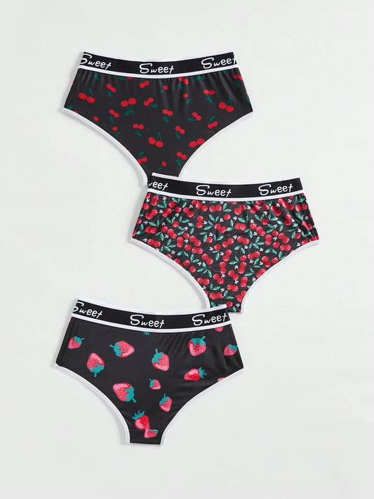 ROMWE Kawaii Conjunto de 3 piezas Tanga con estampado todo sobre de letras dulces con adornos con estampado de fresa y cereza