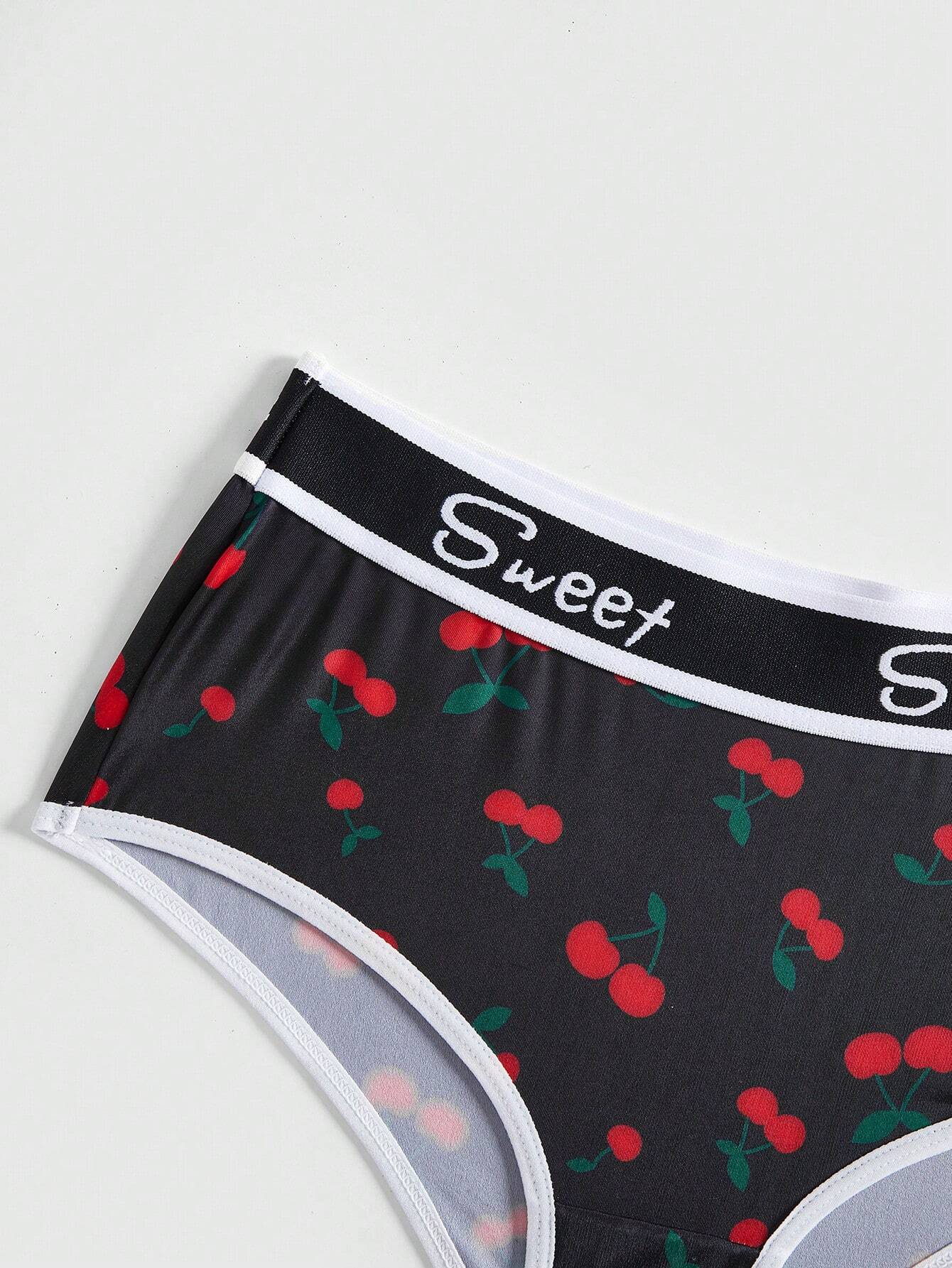 ROMWE Kawaii Conjunto de 3 piezas Tanga con estampado todo sobre de letras dulces con adornos con estampado de fresa y cereza